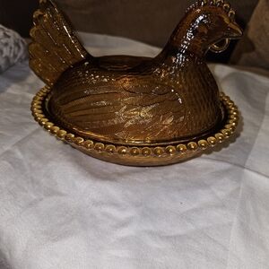 Amber Indiana Glass Hen on Nest Covered Dish
